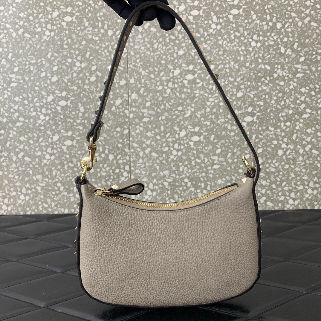 Valentino Garavani Rockstud Mini Hobo Bag in Grey Grainy Calfskin